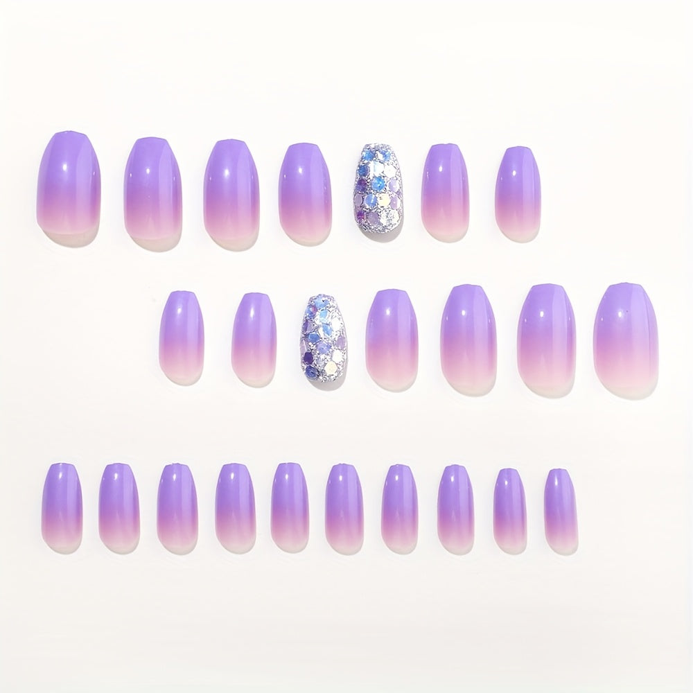 24pcs Purple Gradient Ballet Coffin False Nails - Medium Length, Glossy Finish, Removable Press-On Nail Extensions with Jelly Glue & Nail File Included, Nail Art Accessories